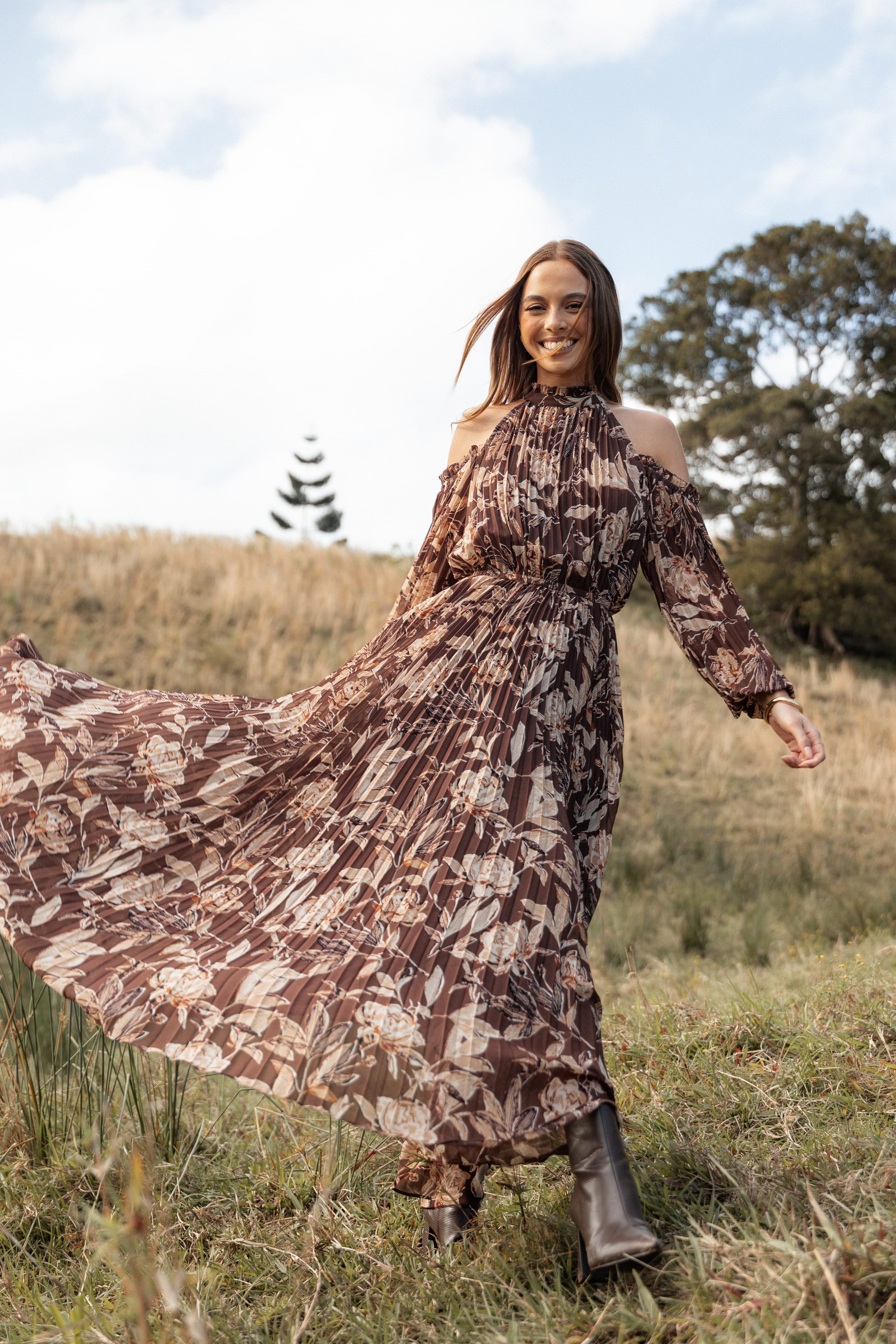 Hilary Pleated Maxi Dress - Brown Floral | Petal & Pup USA Hilary Pleated Maxi Dress - Brown Floral | Petal & Pup USA