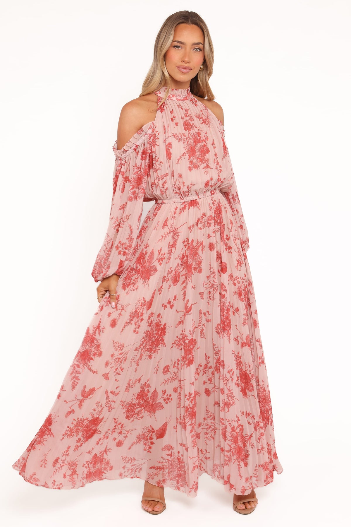 strapless open back dress Petal and Pup Women's Hilary Pleated Maxi Dress - Red Floral