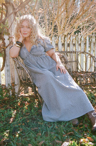Petal and Pup USA DRESSES Ilyana Short Sleeve Maxi Dress - Navy Gingham