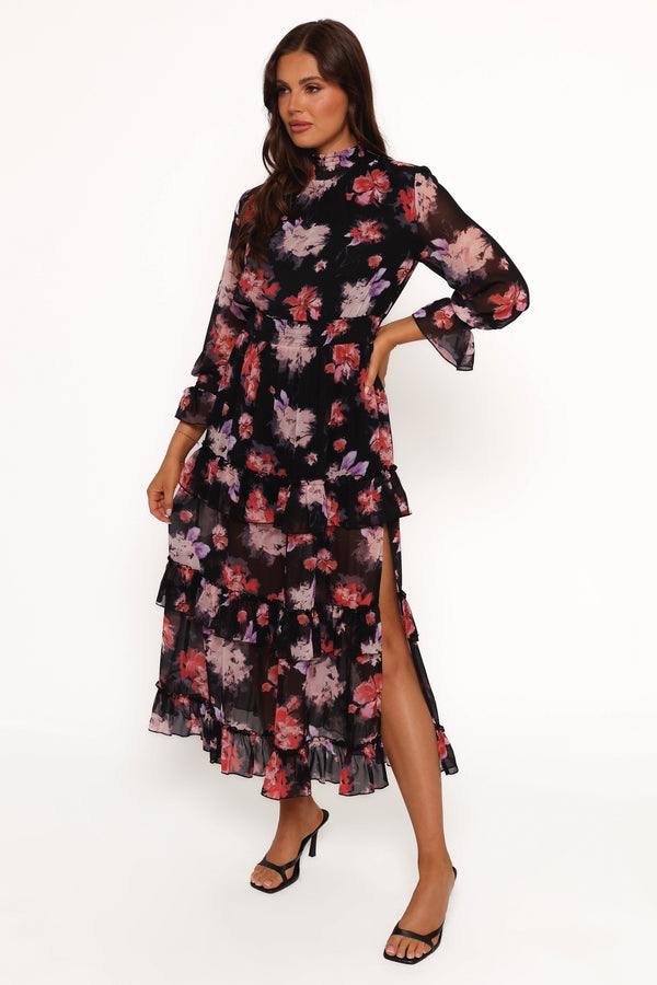 Petal and Pup USA DRESSES Isadora Long Sleeve Maxi Dress - Black Blurred Floral