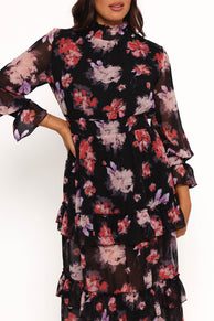Petal and Pup USA DRESSES Isadora Long Sleeve Maxi Dress - Black Blurred Floral