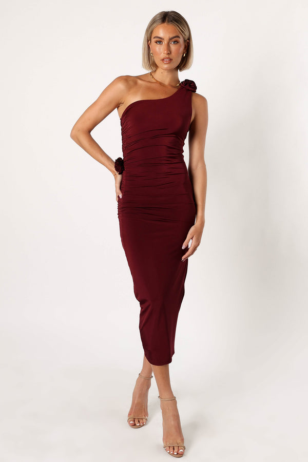 Petal and Pup USA DRESSES Javier One Shoulder Midi Dress - Wine