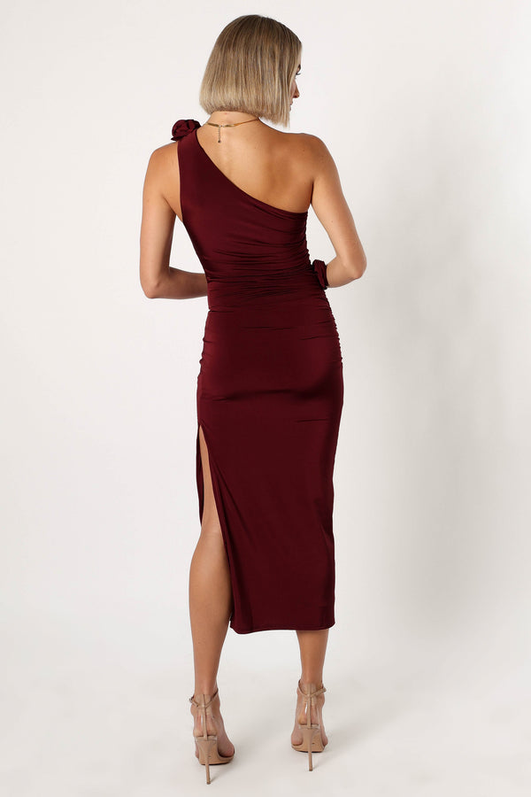 Petal and Pup USA DRESSES Javier One Shoulder Midi Dress - Wine