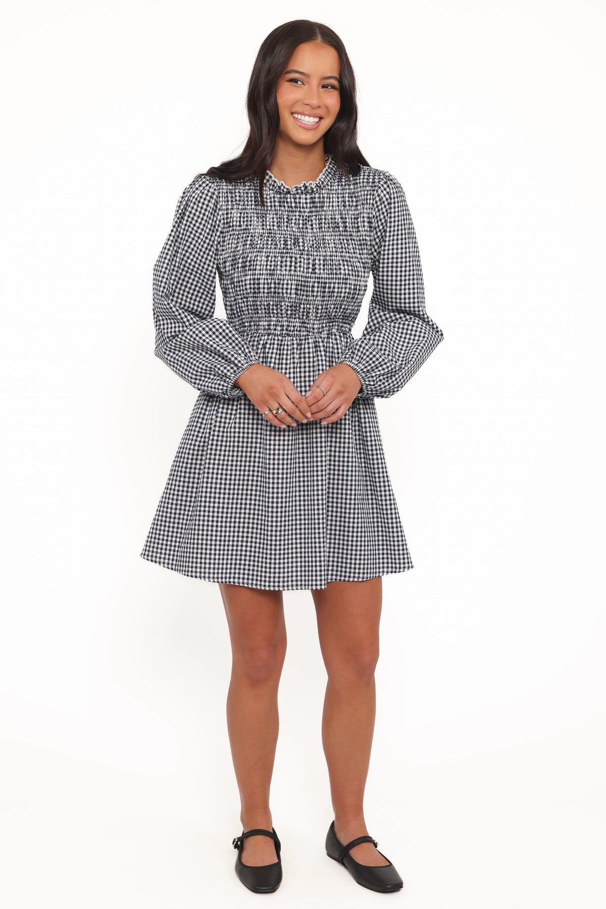 Petal & Pup Jessen Long Sleeve Minidress in Navy Gingham at Nordstrom, Size Medium