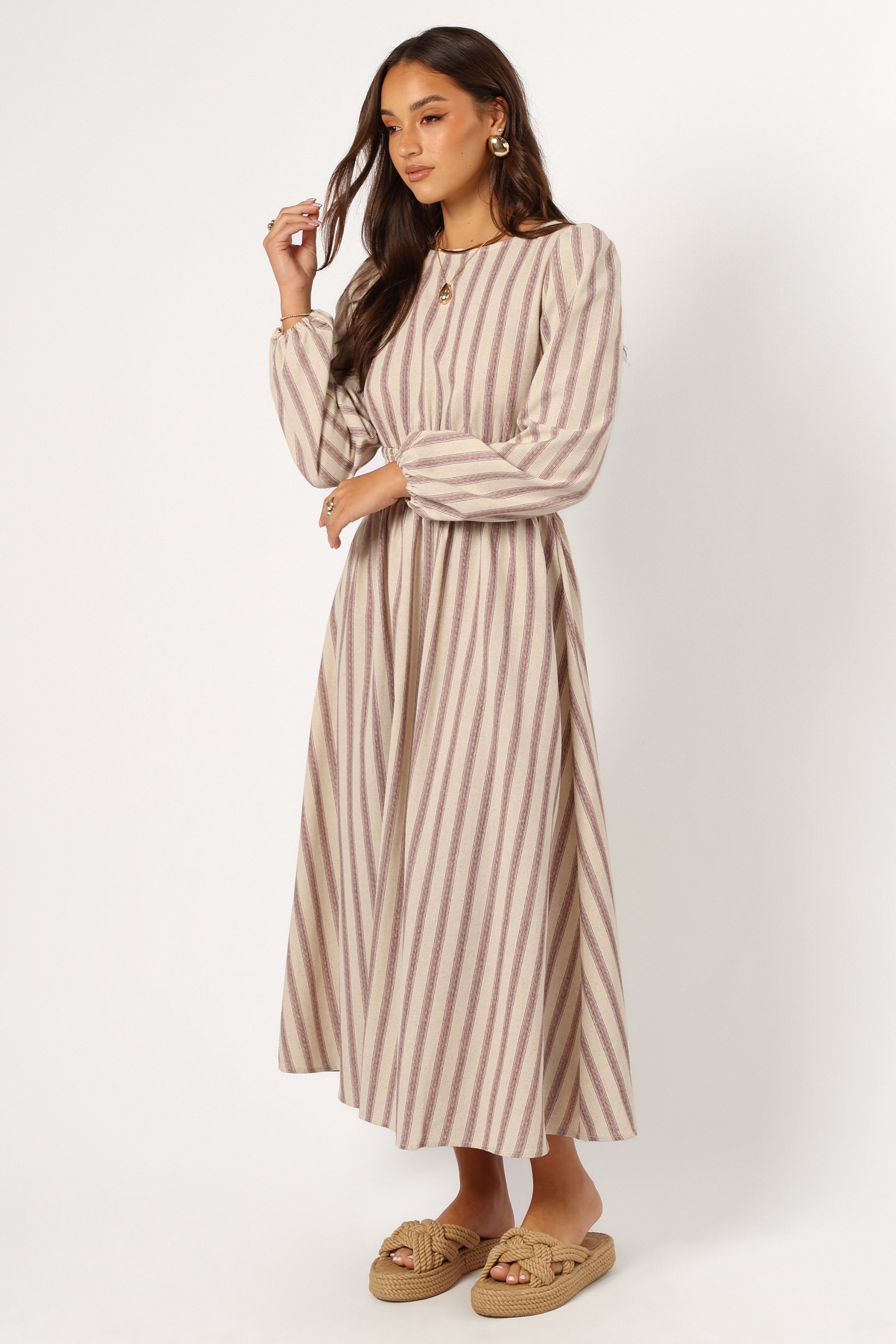 Petal and Pup USA DRESSES Jimi Long Sleeve Maxi Dress - Brown Stripe