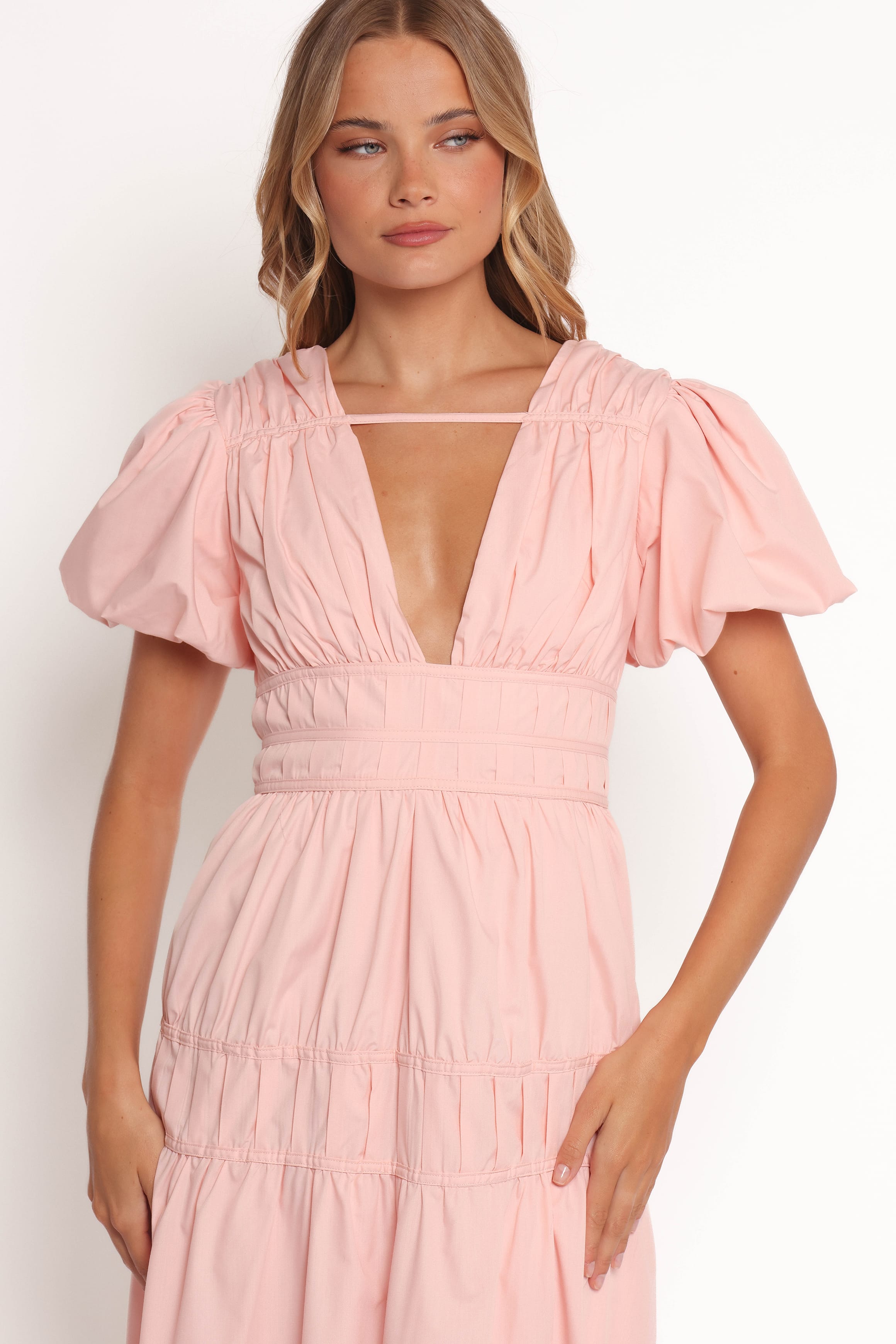 strapless open back dress Pink Floral Puff Sleeve Maxi Dress main image 1