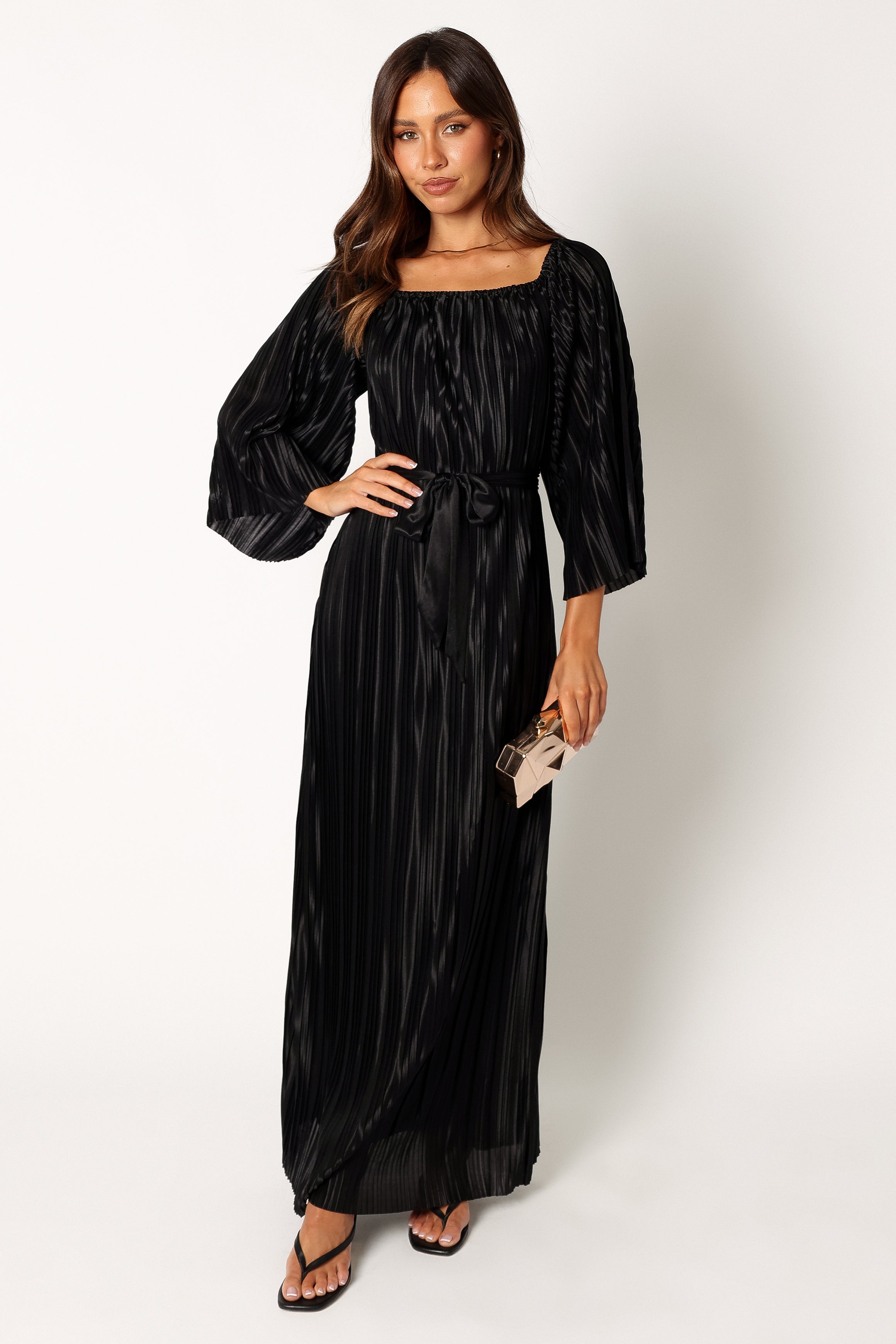 Josephine Long Sleeve Pleated Maxi Dress - Black