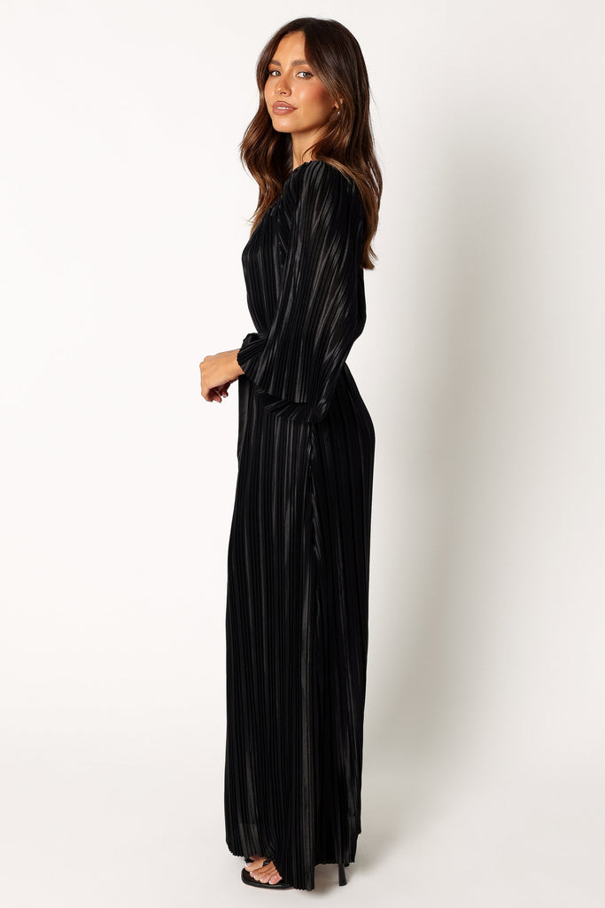 Josephine Long Sleeve Pleated Maxi Dress - Black