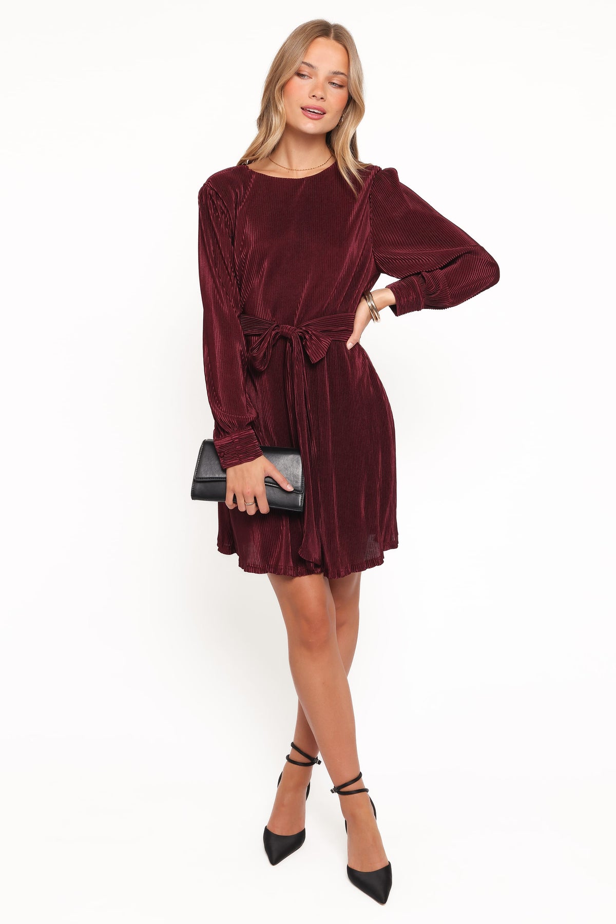 plisse mini dress boohoo Women's Plisse Flare Sleeve Mini Dress in Chocolate