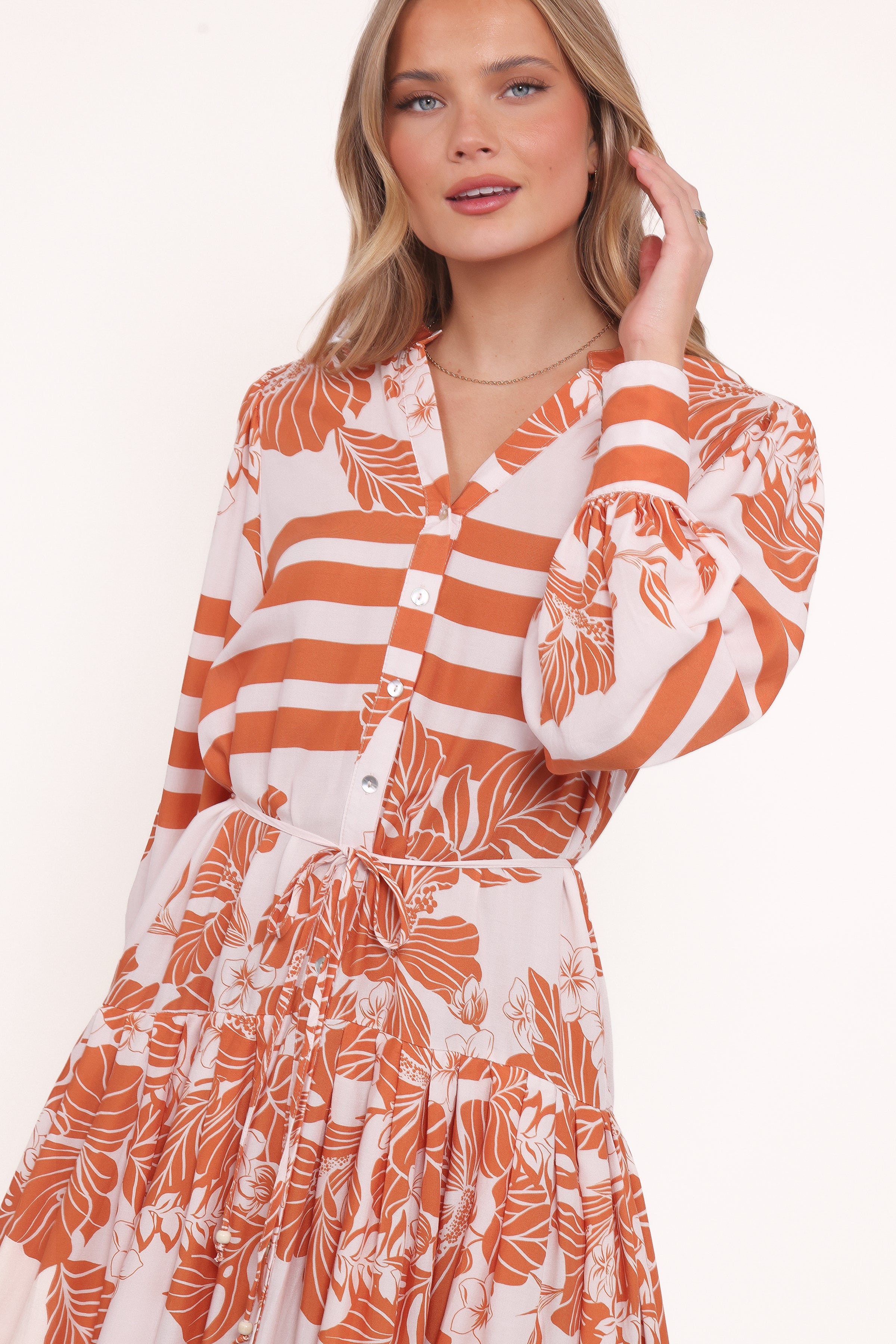 Petal and Pup USA DRESSES Jules Long Sleeve Dress - White/Orange