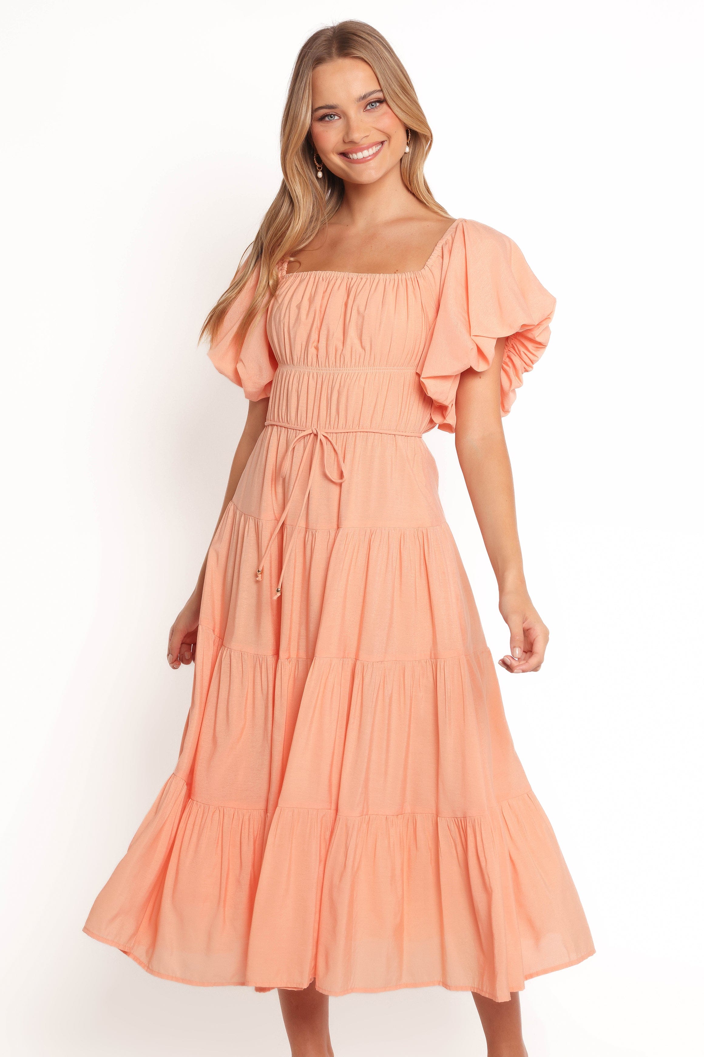 Petal and Pup USA DRESSES Julie Off Shoulder Midi Dress - Peach (Hold for Rack)
