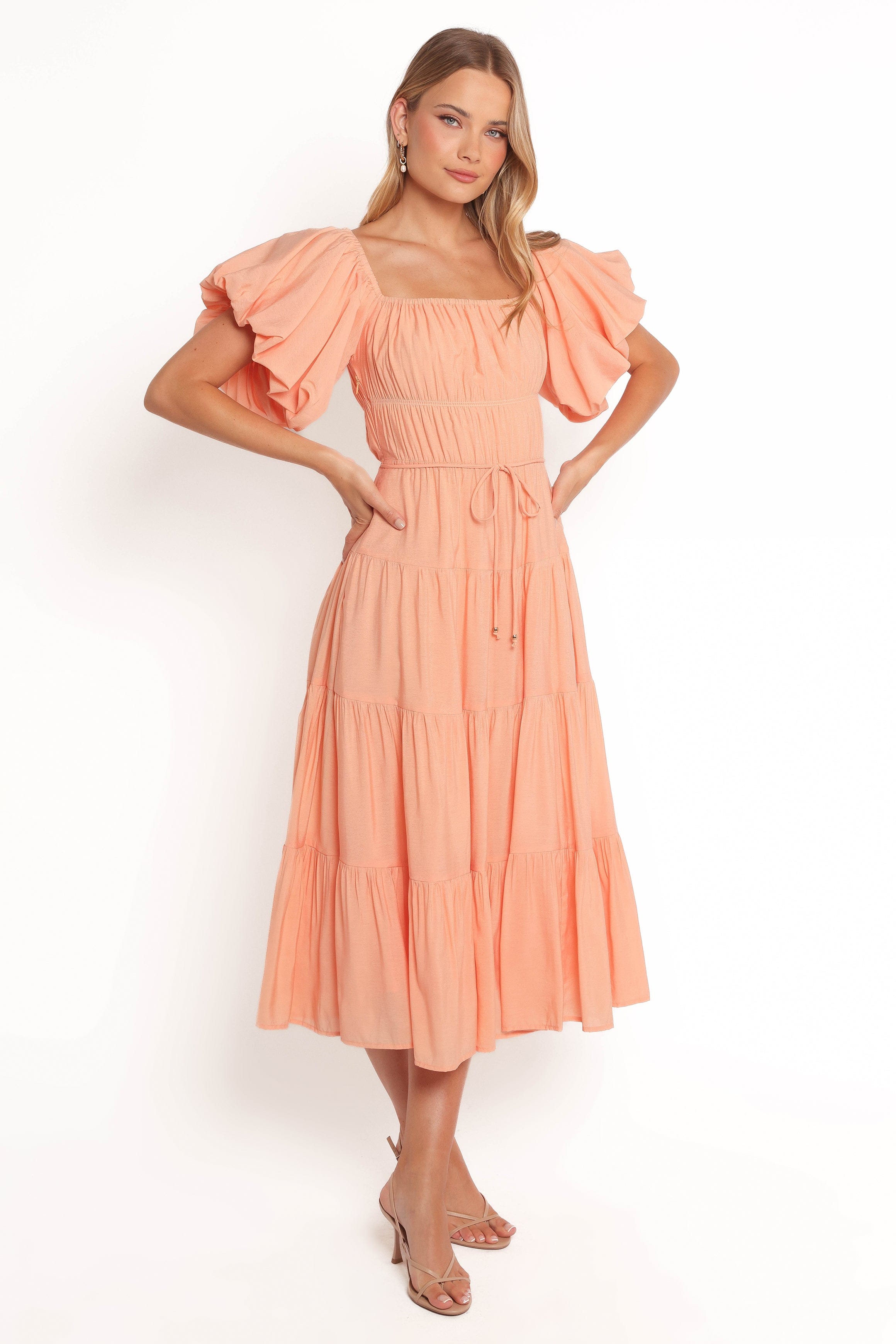 Petal and Pup USA DRESSES Julie Off Shoulder Midi Dress - Peach (Hold for Rack)