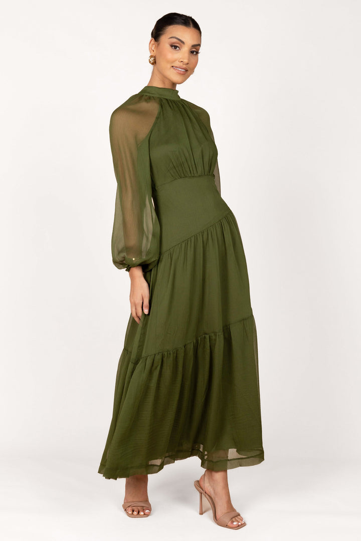 Julip Sheer Long Sleeve Maxi Dress - Olive - Petal & Pup USA