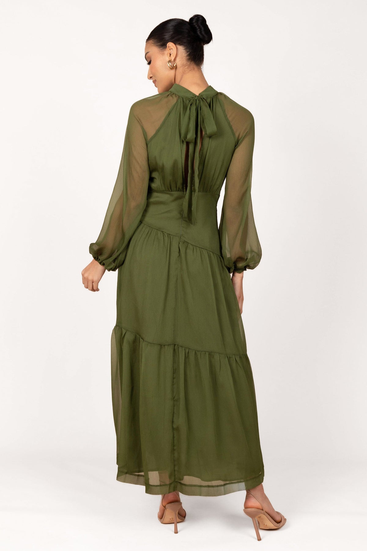 crepe olive green long sleeve dress product info and reviews Crepe Olive Green Long Sleeve Dress – shopaleena main image 1