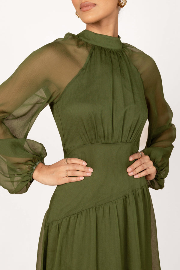 Petal and Pup USA DRESSES Julip Sheer Long Sleeve Maxi Dress - Olive