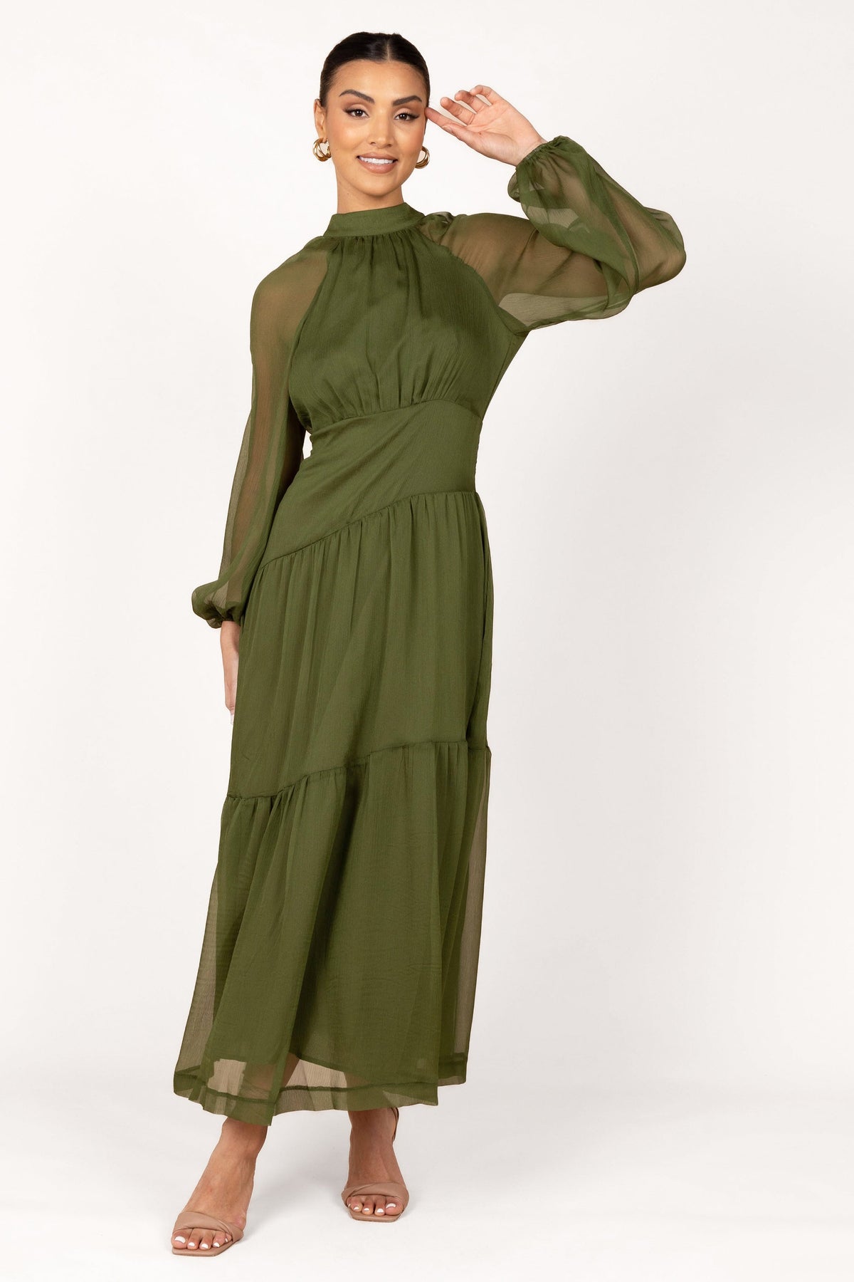 crepe olive green long sleeve dress reviews Julip Sheer Long Sleeve Maxi Dress - Olive
