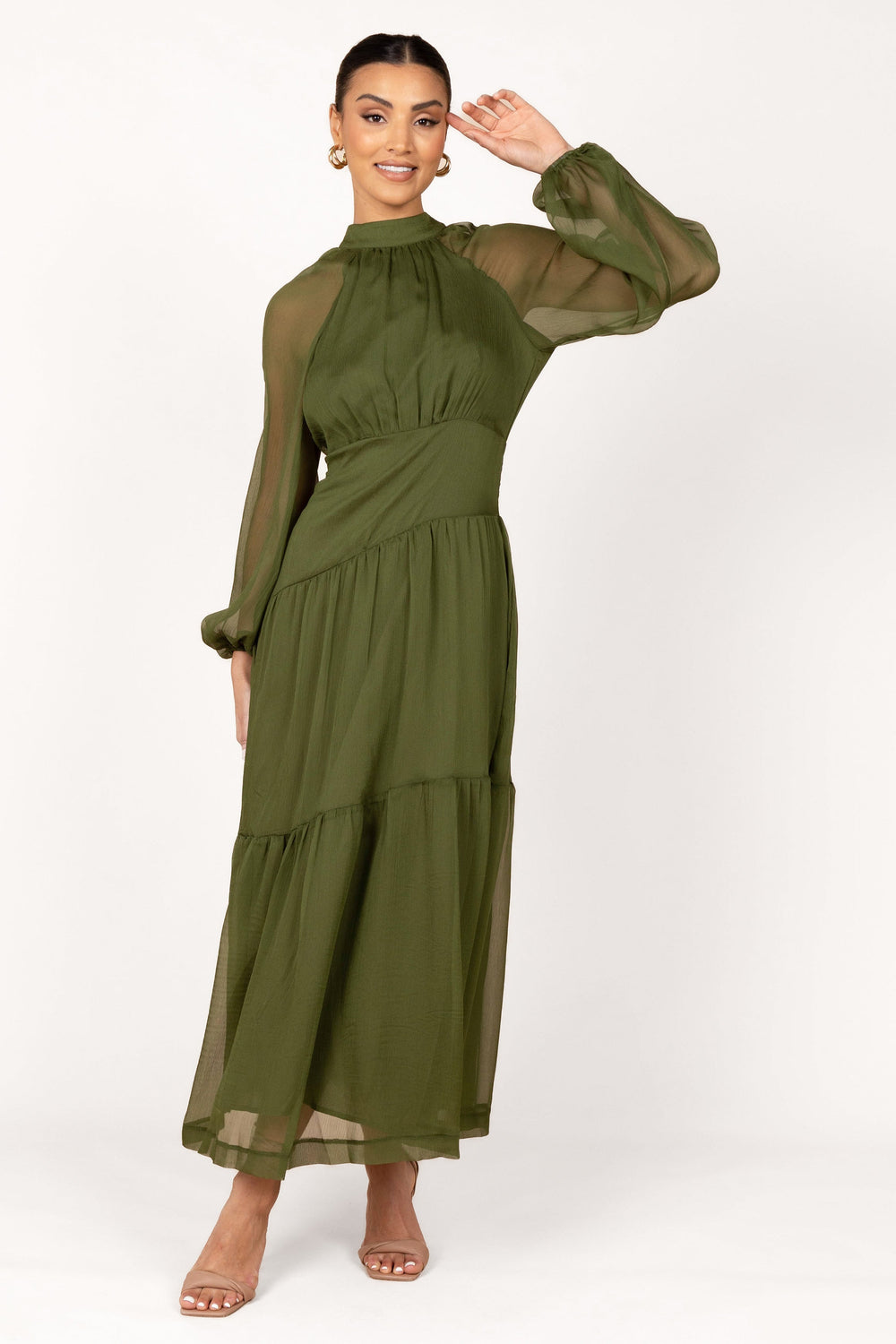 Petal and Pup USA DRESSES Julip Sheer Long Sleeve Maxi Dress - Olive