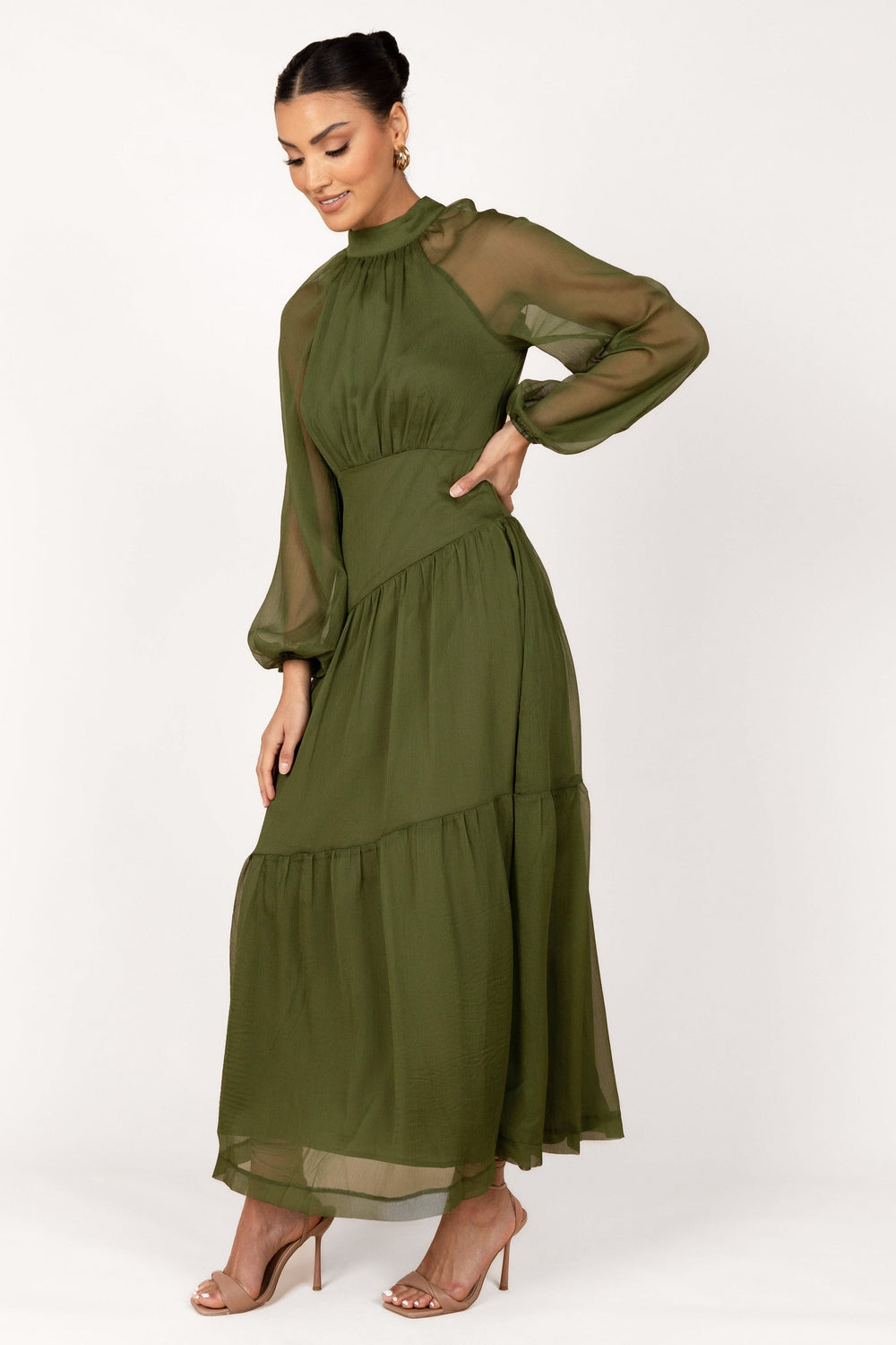Olive green maxi dress with sleeves Clearance