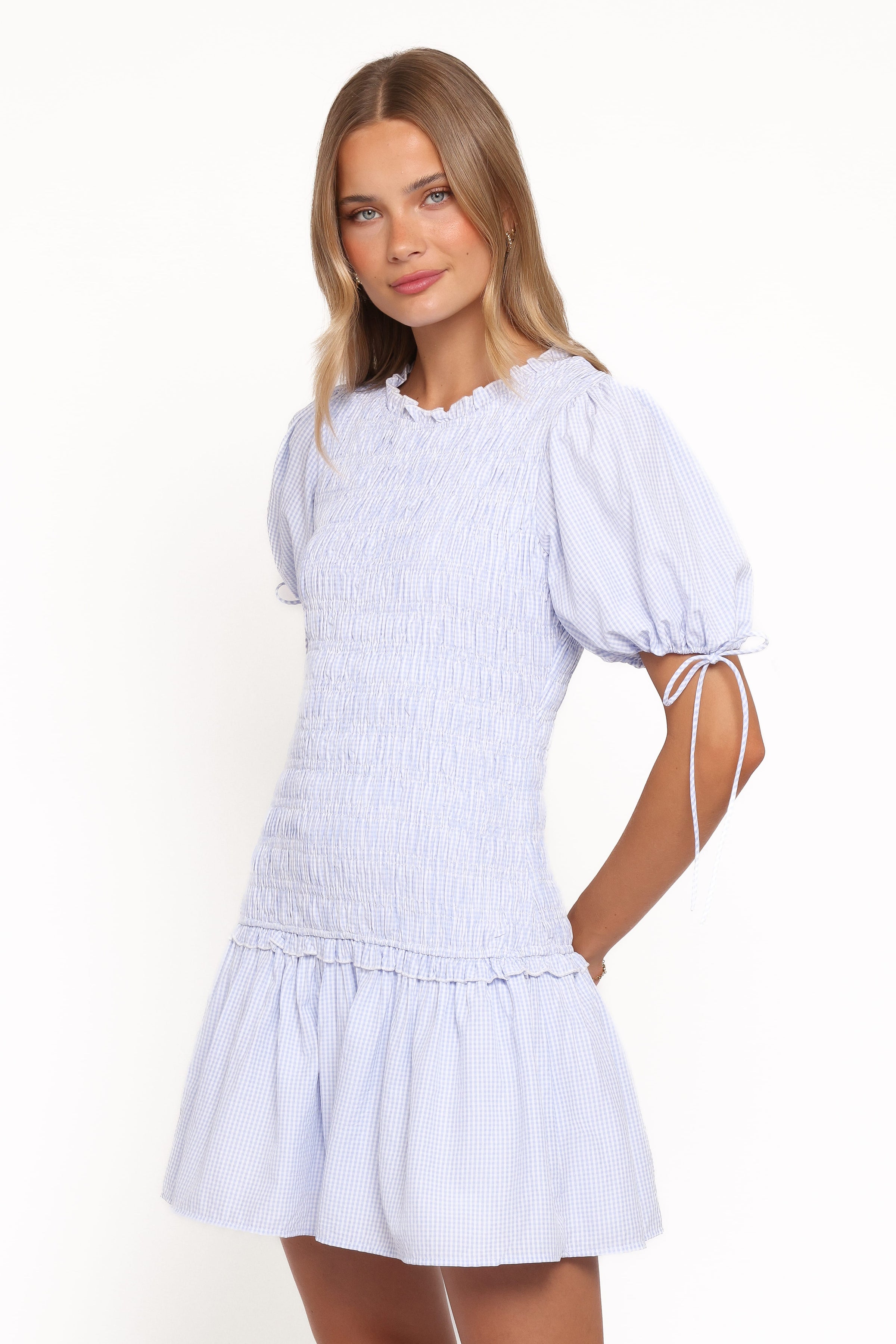 Petal and Pup USA DRESSES Kaelyn Gather Mini Dress - Blue Gingham