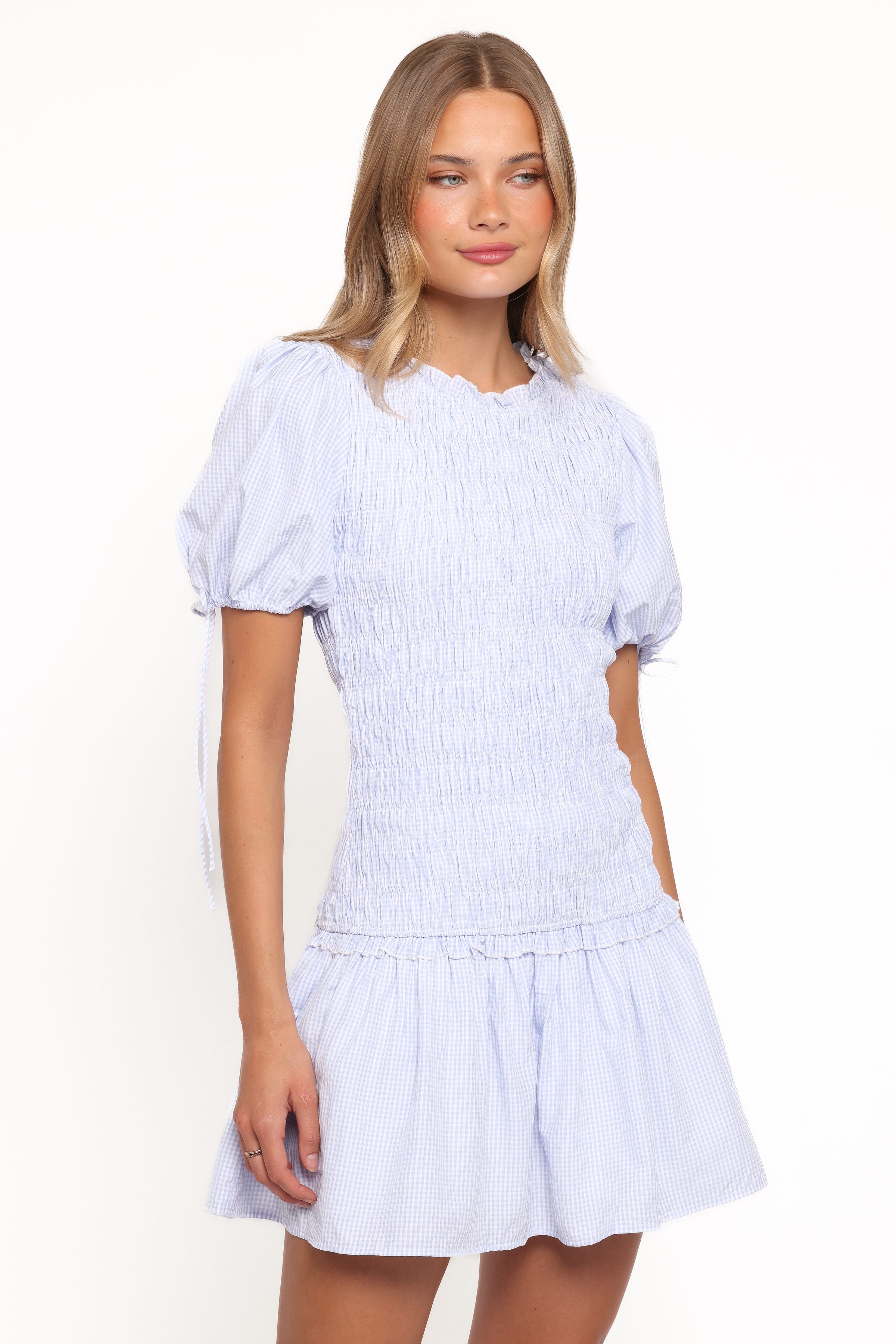Petal and Pup USA DRESSES Kaelyn Gather Mini Dress - Blue Gingham