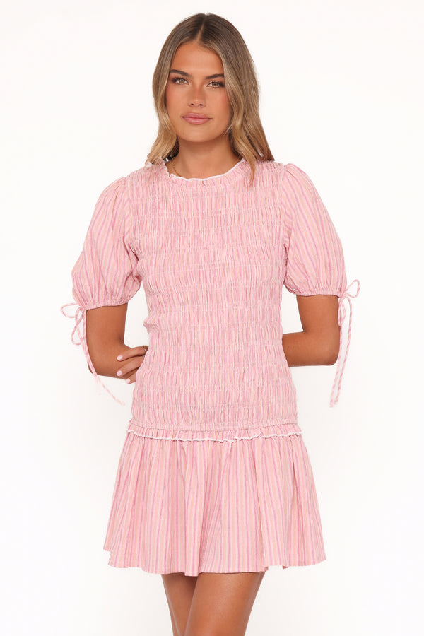 Petal and Pup USA DRESSES Kaelyn Gather Mini Dress - Pink Stripe