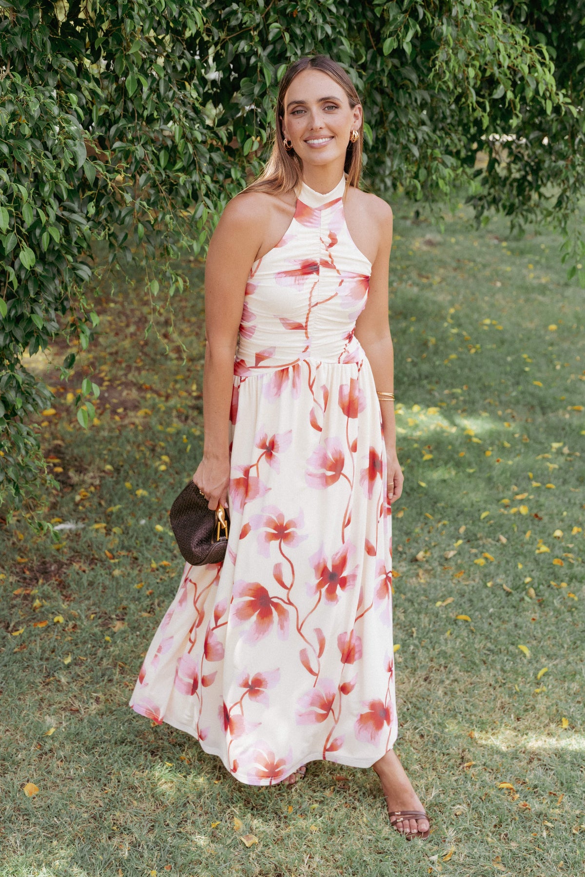 pink floral halter maxi dress Yve Halter Printed Maxi Dress In Hot Pink Floral