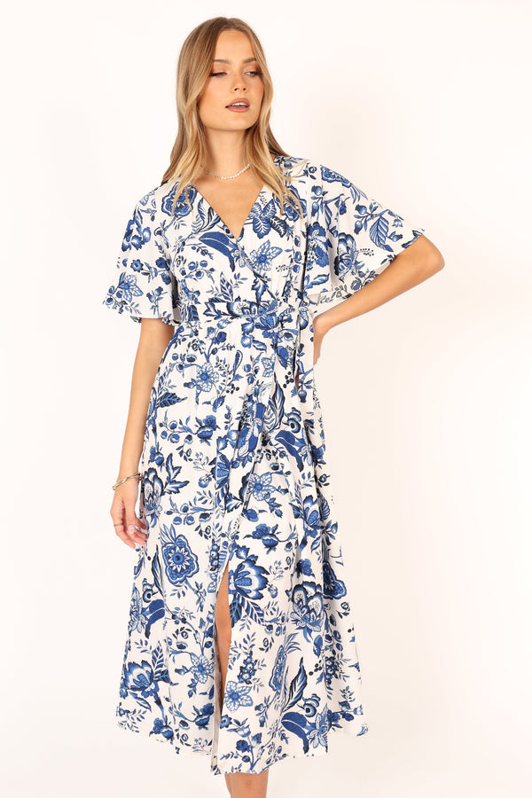 Petal and Pup USA DRESSES Kaleen Midi Wrap Dress - White Blue