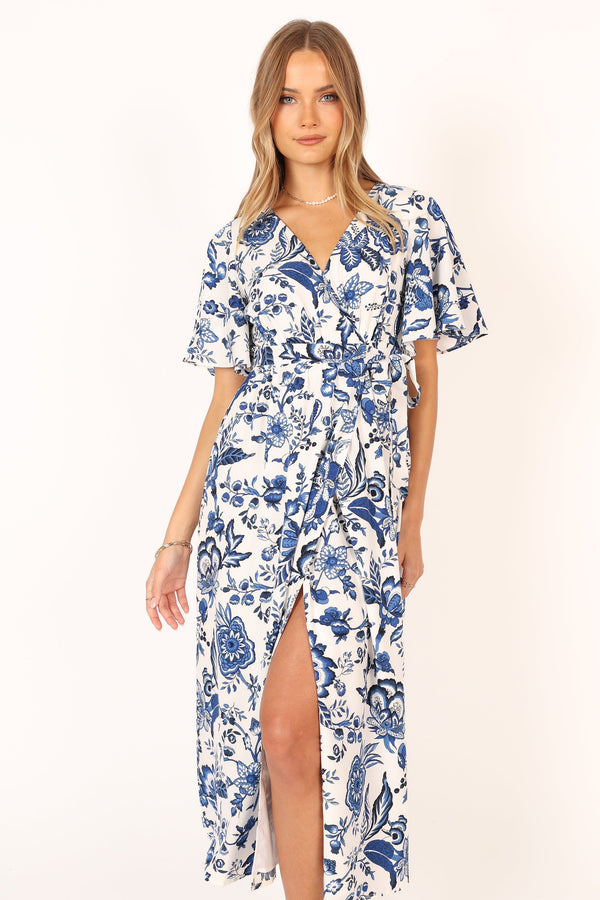 Petal and Pup USA DRESSES Kaleen Midi Wrap Dress - White Blue