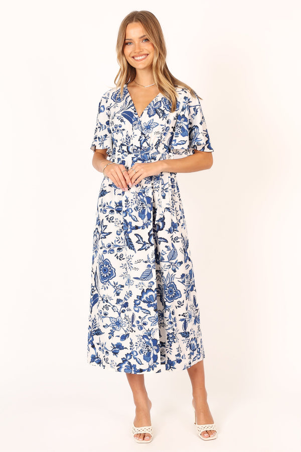 Petal and Pup USA DRESSES Kaleen Midi Wrap Dress - White Blue