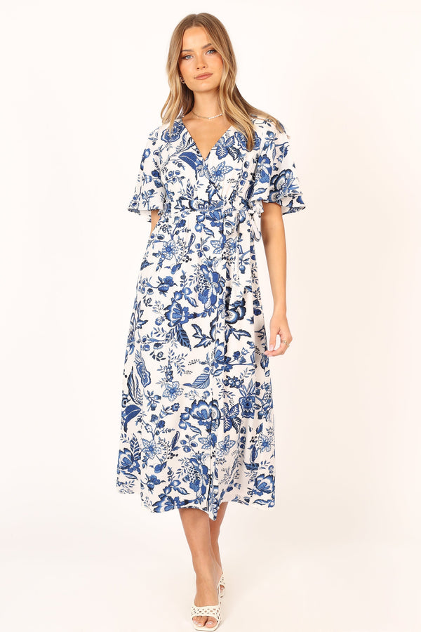 Petal and Pup USA DRESSES Kaleen Midi Wrap Dress - White Blue