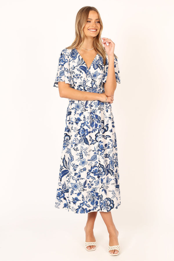 Petal and Pup USA DRESSES Kaleen Midi Wrap Dress - White Blue