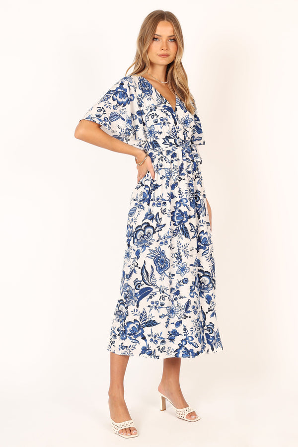 Petal and Pup USA DRESSES Kaleen Midi Wrap Dress - White Blue