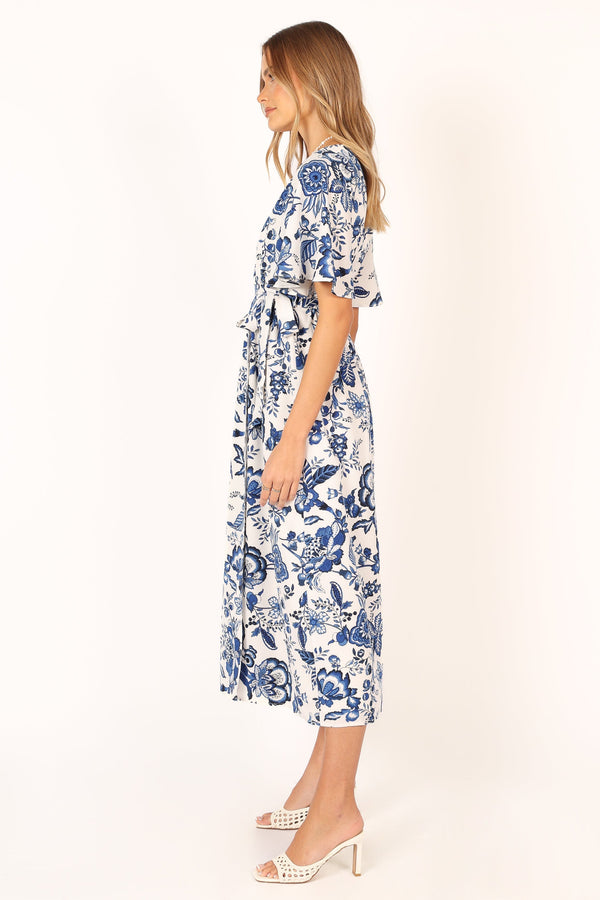 Petal and Pup USA DRESSES Kaleen Midi Wrap Dress - White Blue