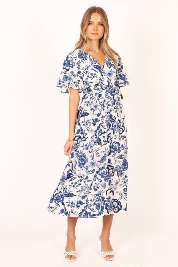 Petal and Pup USA DRESSES Kaleen Midi Wrap Dress - White Blue