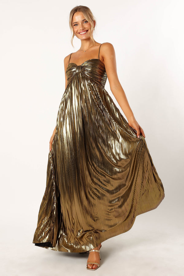 Petal and Pup USA DRESSES Kanthro Pleated Maxi Dress - Gold