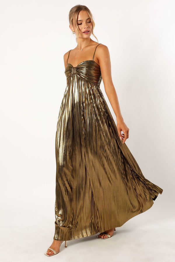 Petal and Pup USA DRESSES Kanthro Pleated Maxi Dress - Gold