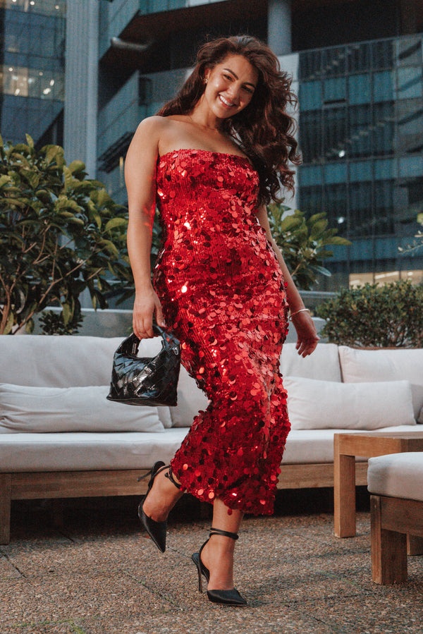 sequin maxi dress red Karley Sequin Maxi Dress - Burgundy