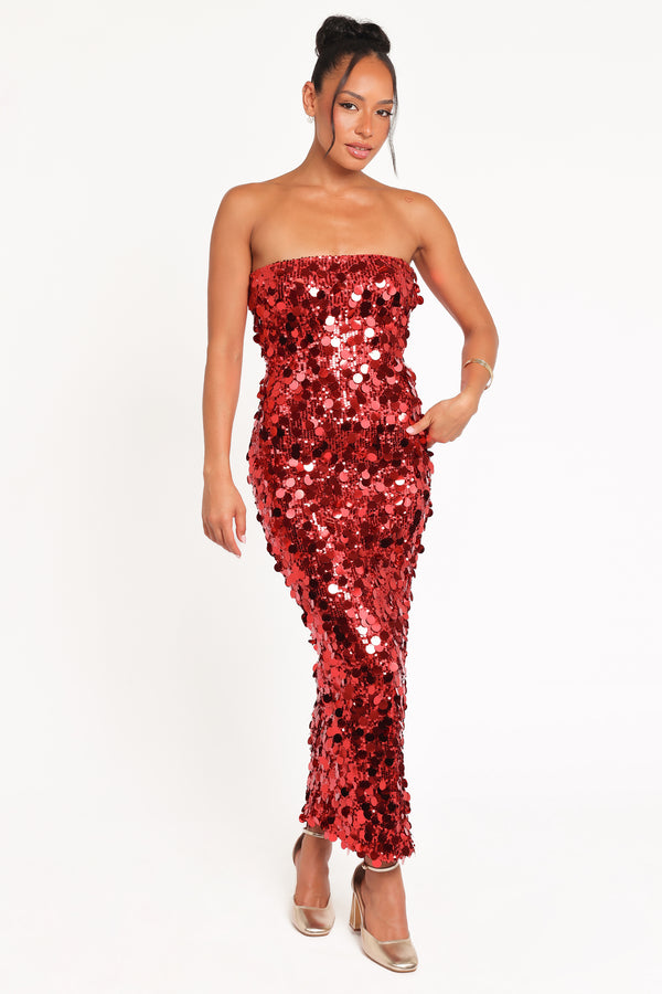 Petal and Pup USA DRESSES Karlie Strapless Sequin Maxi Dress - Red