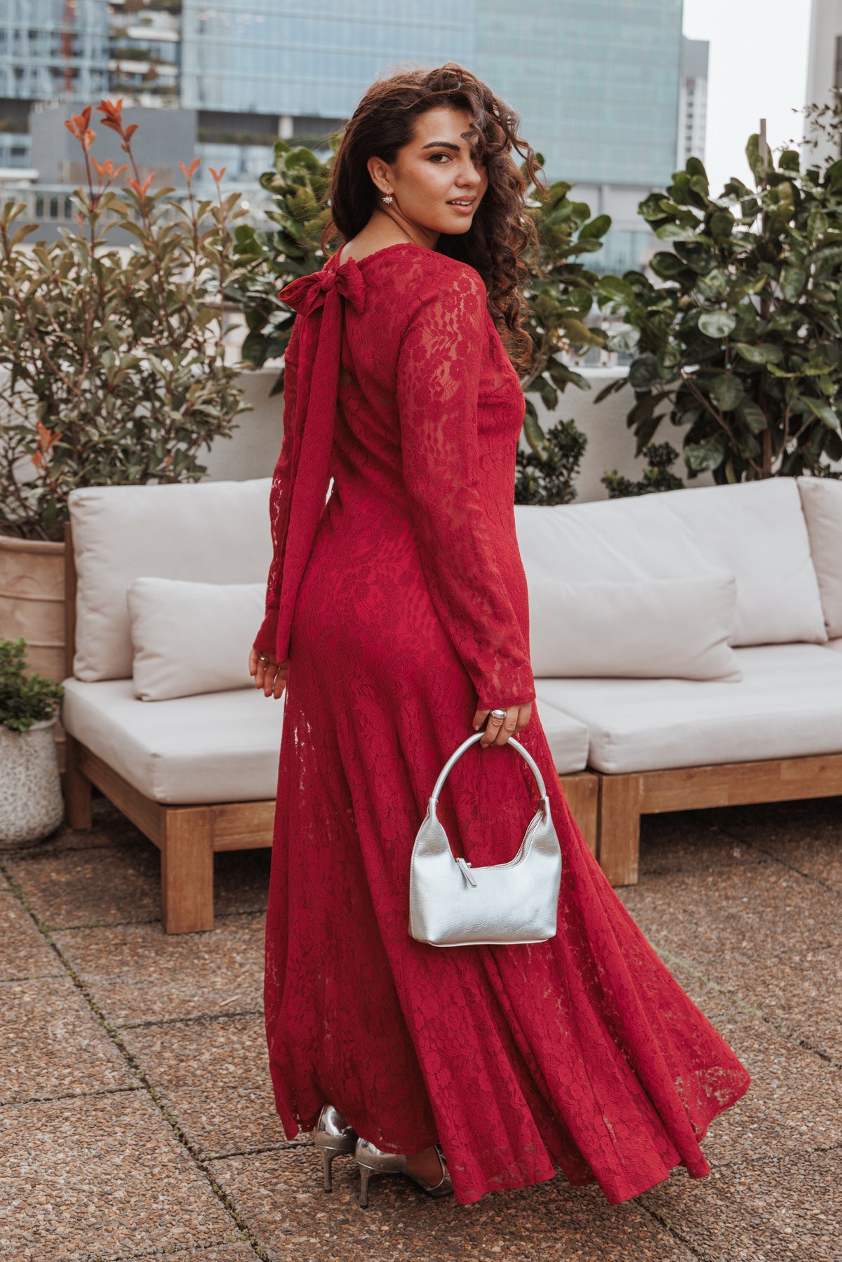 Petal & Pup Women's Keani Long Sleeve Lace Gown - Red