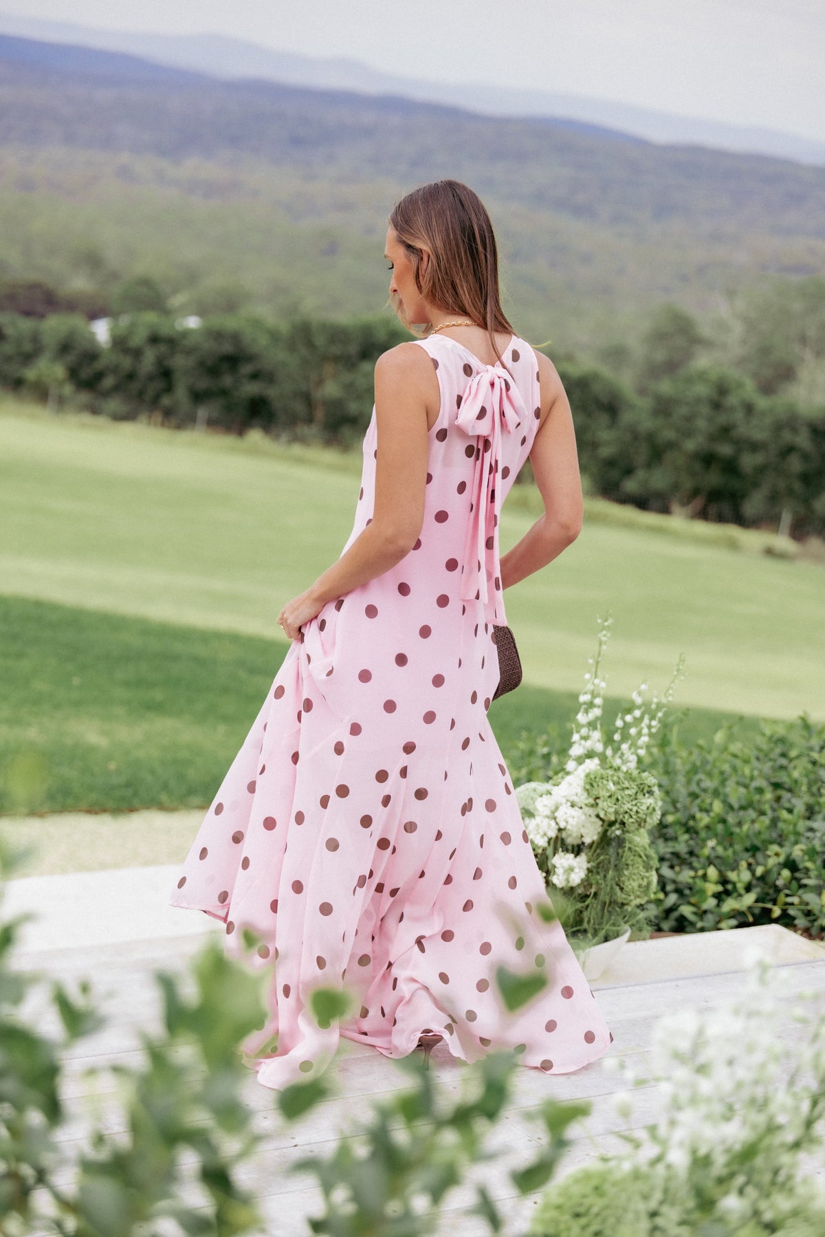 strapless open back dress Keani Maxi Dress - Pink Polka Dot