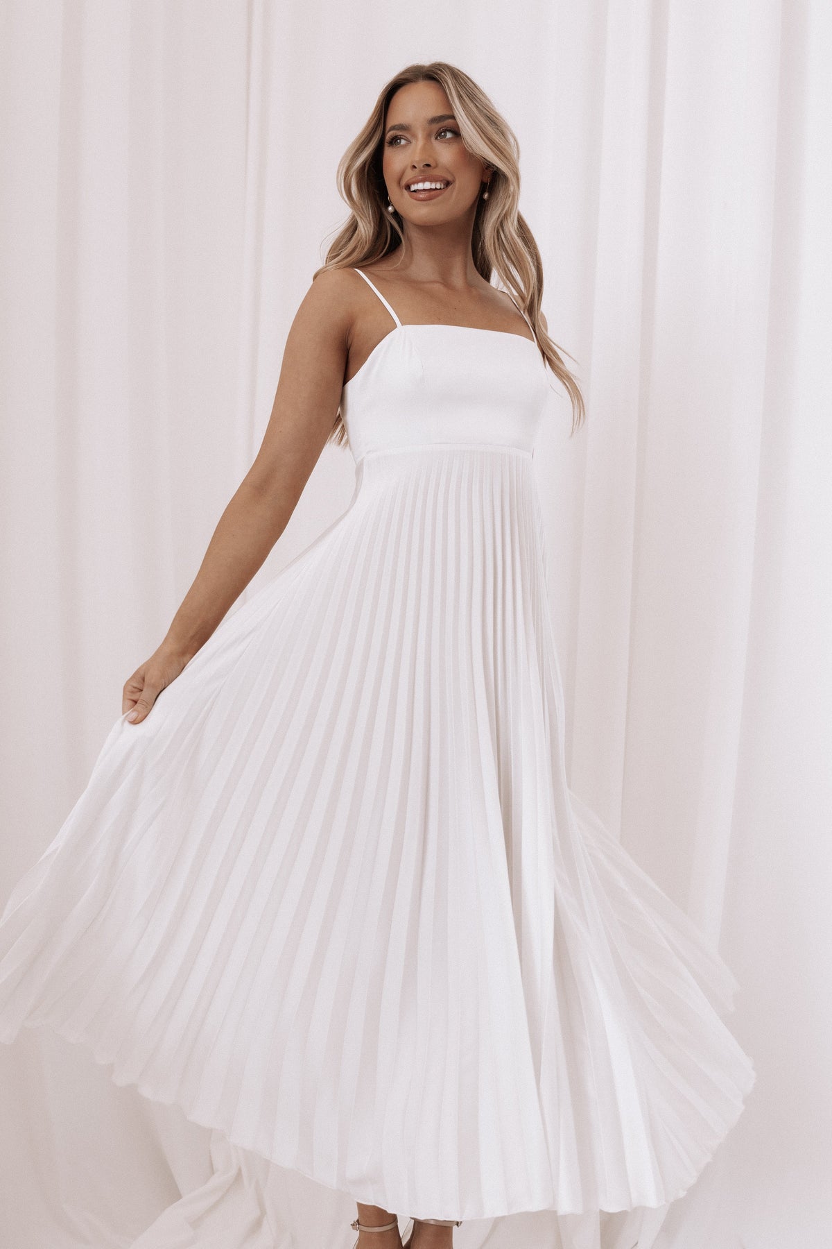 white pleated maxi dress Petal and Pup Women's Keegan Maxi Dress