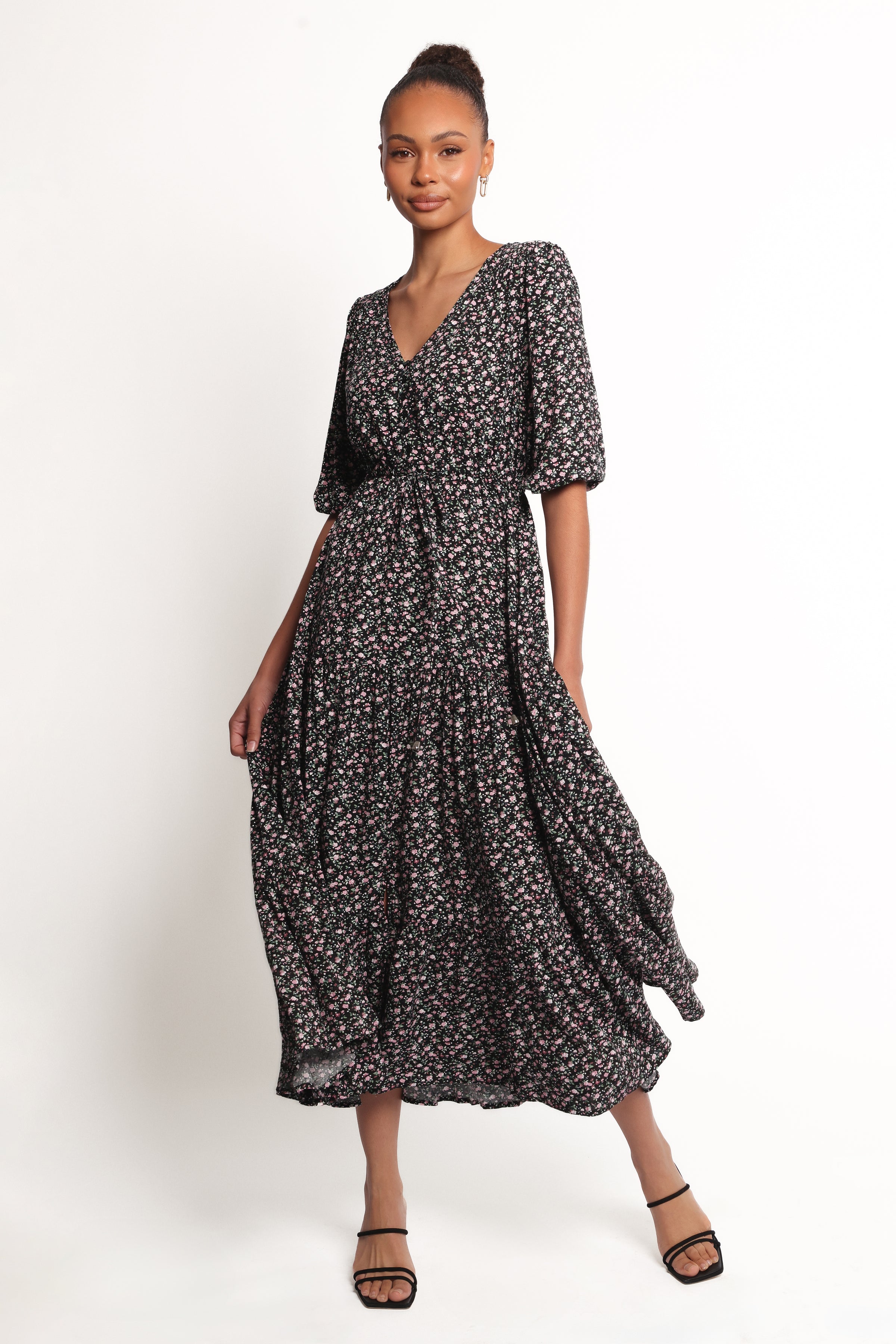 Petal and Pup USA DRESSES Kelda Dress - Black Rosebud Floral