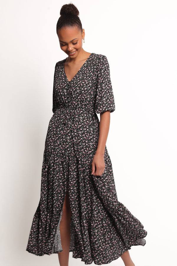 Petal and Pup USA DRESSES Kelda Dress - Black Rosebud Floral