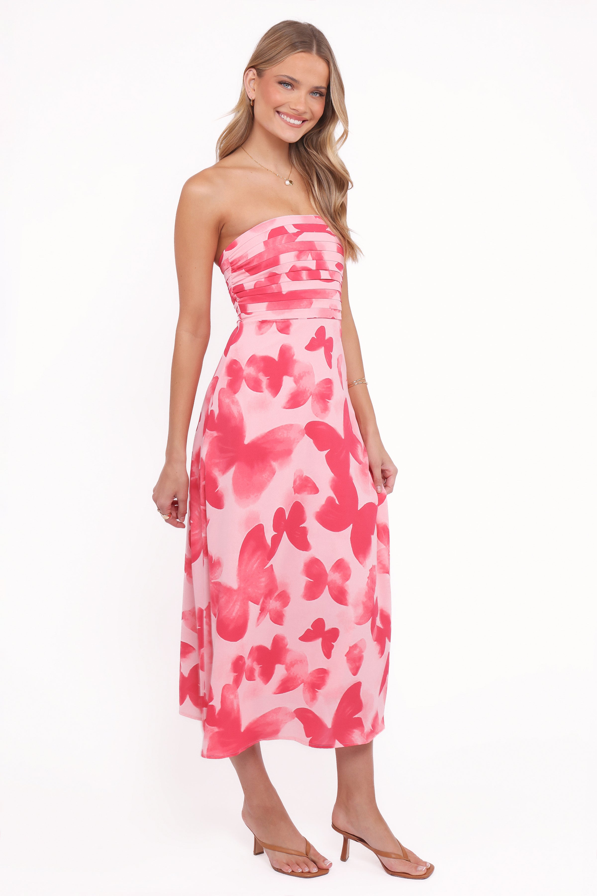 Petal and Pup USA DRESSES Kenna Strapless Midi Dress - Butterfly Print