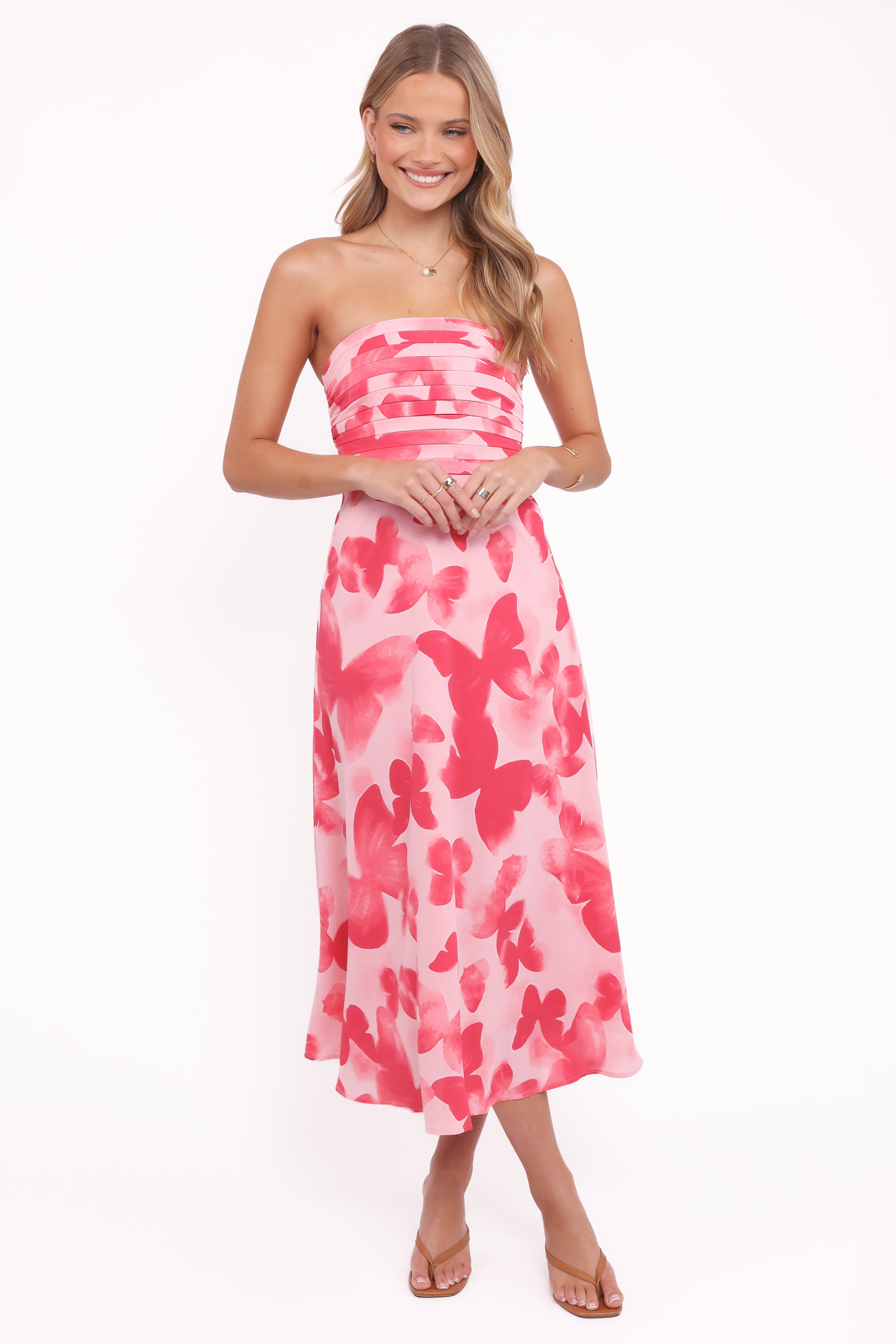 Petal and Pup USA DRESSES Kenna Strapless Midi Dress - Butterfly Print