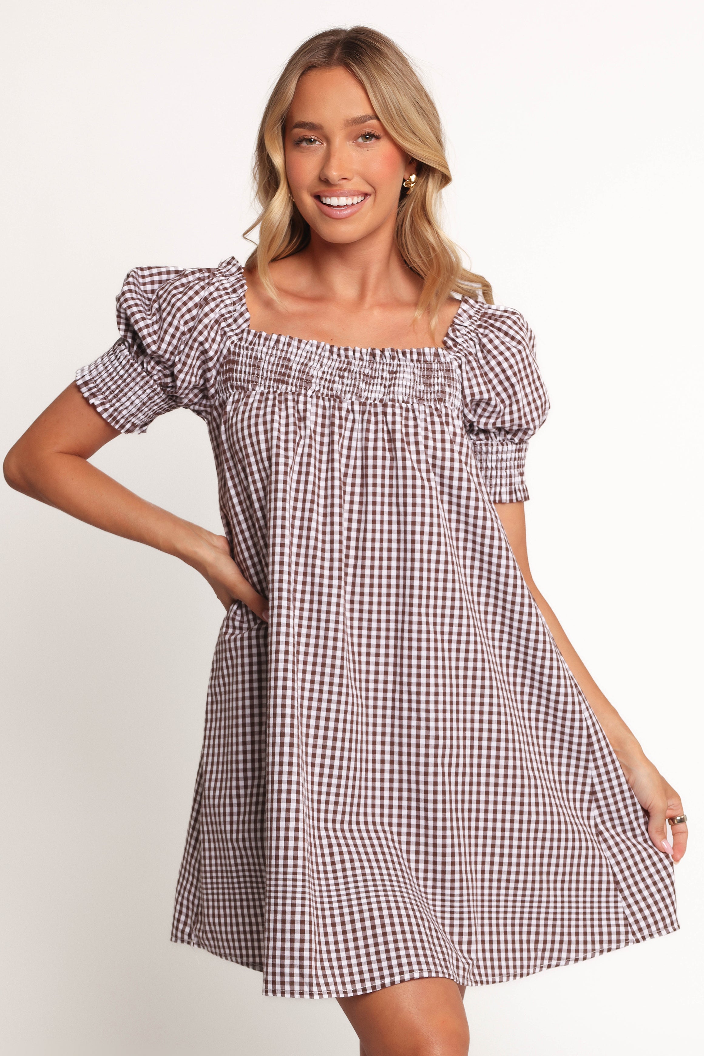 Petal and Pup USA DRESSES Kennedy Smock Mini Dress - Chocolate Gingham