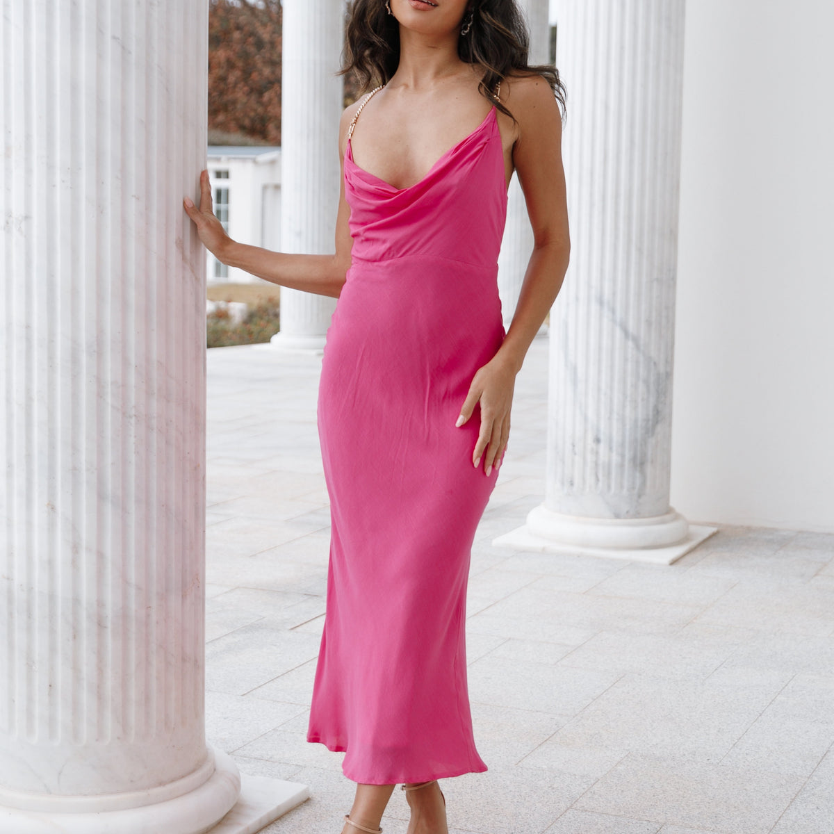 rose satin midi dress Melody Chain Strap Satin Midi Dress Shop American Threads Women's Trendy Online Boutique Pink / M
