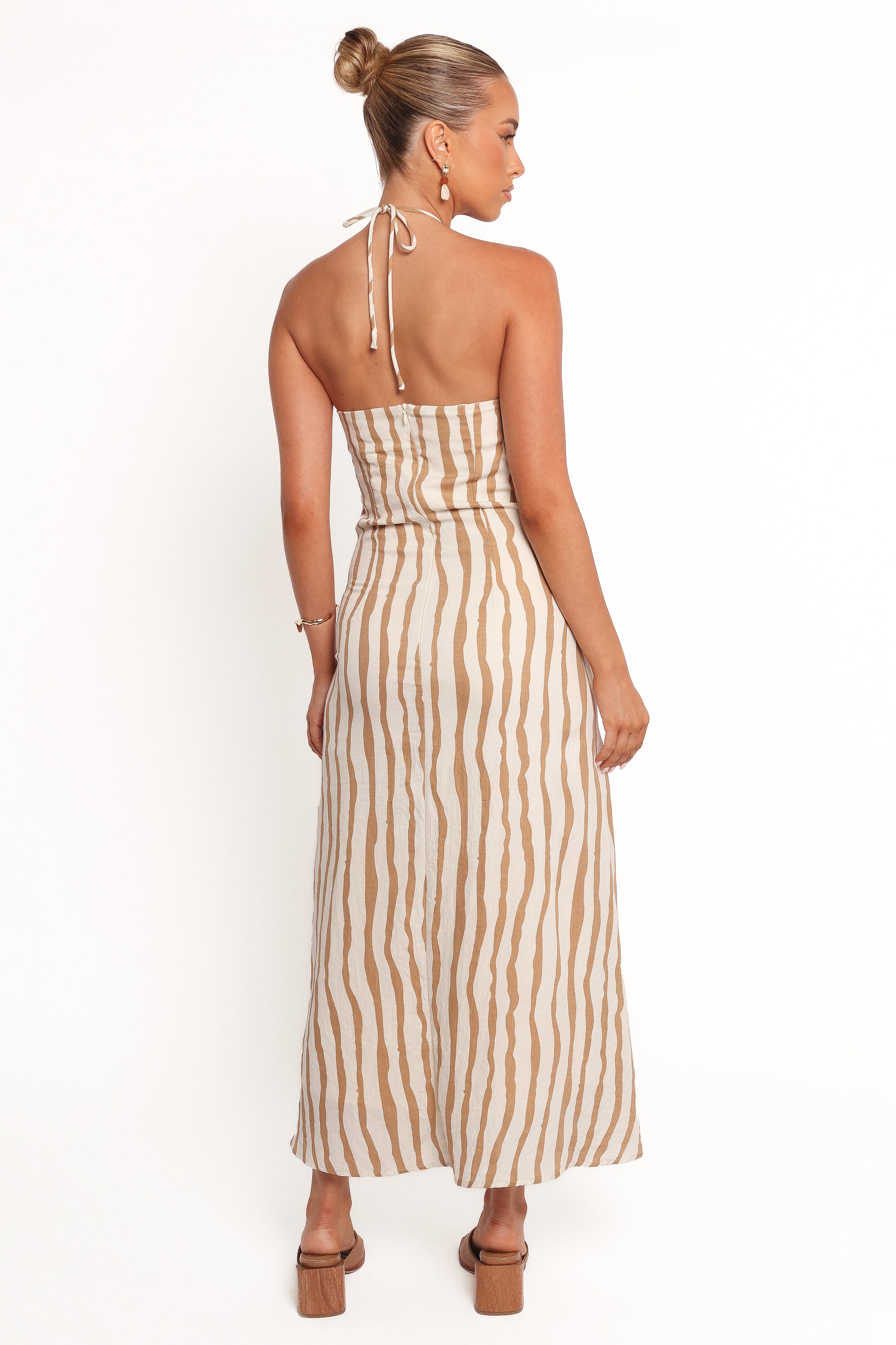 Petal and Pup USA DRESSES Kim Halter Maxi Dress - Tan Stripe