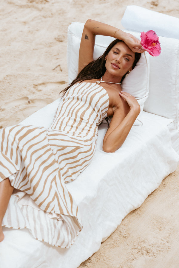 Petal and Pup USA DRESSES Kim Halter Maxi Dress - Tan Stripe