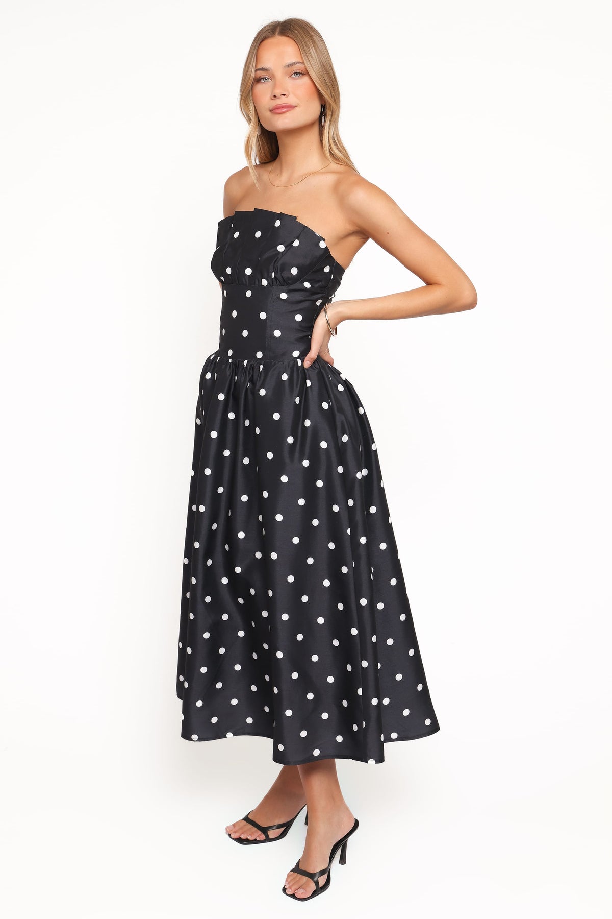 black strapless polka dot dress Under The Pagoda Maxi Dress